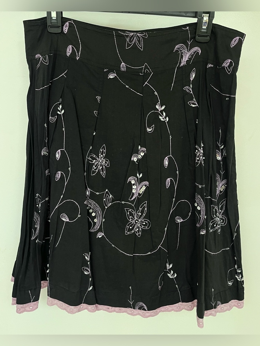 Speechless Black Drop Waist Circle Skirt with Lavender Floral Beaded Embroidery